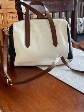Fossil Cream, Black & Brown Leather Satchel with Crossbody Strap
